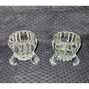 Jeanette Glass National Crystal 3-Footed Candle Holder‎ Set Heavy Ribbed Vintage